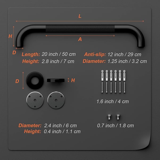 Black Grab Bars 20 Inch, iMomwee Stainless Steel Anti-Slip Bathroom Grab Bar w/Knurled Grip, 1.25" Diameter Shower Handicap Bar, Wall Mounted Safety Balance Handrail Bath Handle for Elderly Senior