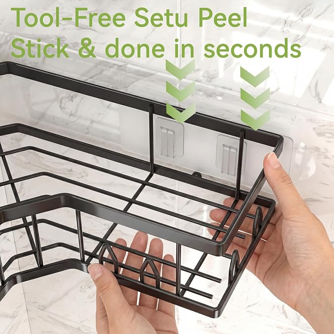 Shower Shelf Corner, Adhesive Shower Caddy Rustproof, Shower Shelves Corner with Soap Holder, No Drilling Shower Corner Organizer for Dorm, Renters Bathroom, Black, 3 Pack