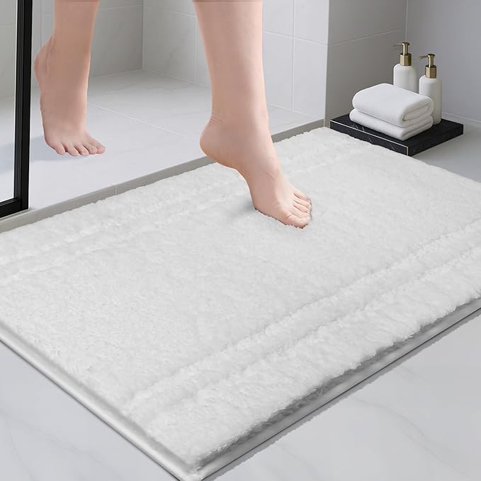 PURRUGS Bathroom Rug Non-Slip Machine Washable 24" x 36", Super Absorbent and Quick Dry Shaggy Microfiber Bath Mat, Extra Soft and Plush Bath Rug for Bathtub, Shower, and Sink, White