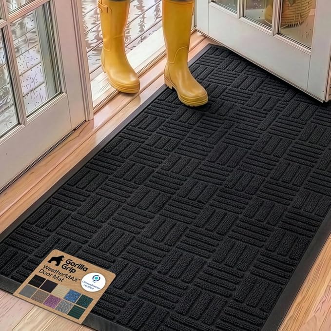 GORILLA GRIP 100% Waterproof All-Season WeatherMAX Doormat, 60x24, US Designed Natural Rubber, Stain and Fade Resistant, Low Profile Indoor Outdoor Door Mats, Easy Clean Patio Mat, Midnight Maze