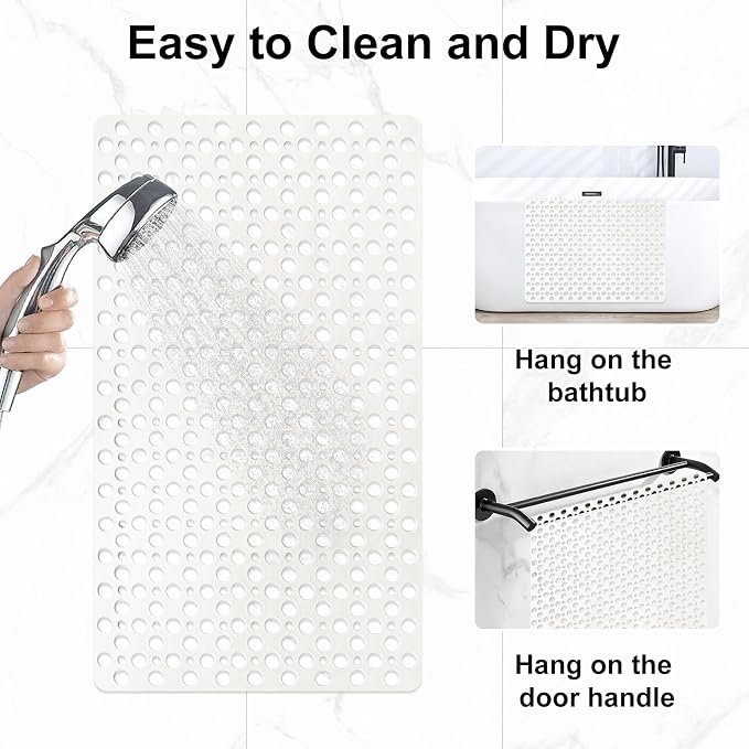 Bathtub Mat and Shower Mat Non Slip: 30 x 17 inch Soft TPE Bath Tub Mat with Suction Cups and Drain Holes, Anti Slip Shower Mats for Inside Shower, Machine Washable, Easy to Dry&Cut