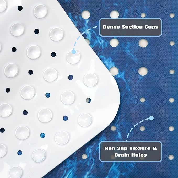 Seawater Bathtub Mat Non Slip, Ocean Waves Bath Tub Mat Baby Bath Mats for Bathroom Anti Slip Shower Mats for Inside Shower, Underwater Bathmat with Suction and Drain Holes Machine Washable, 40″x16″