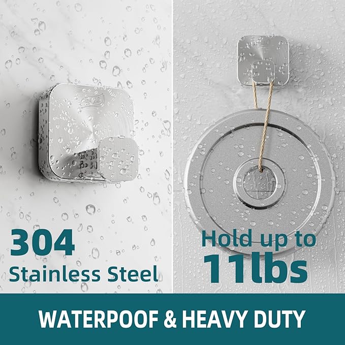 TAILI 304 Stainless Steel Bathroom Suction Hook for Towel, Loofah, Bathrobe, Patented Strong Suction Cup, Damage-Free Hanging Glass Shower Wall Hook, Hold Up to 11 Lbs, 2 Pack, Modern Square, Silver