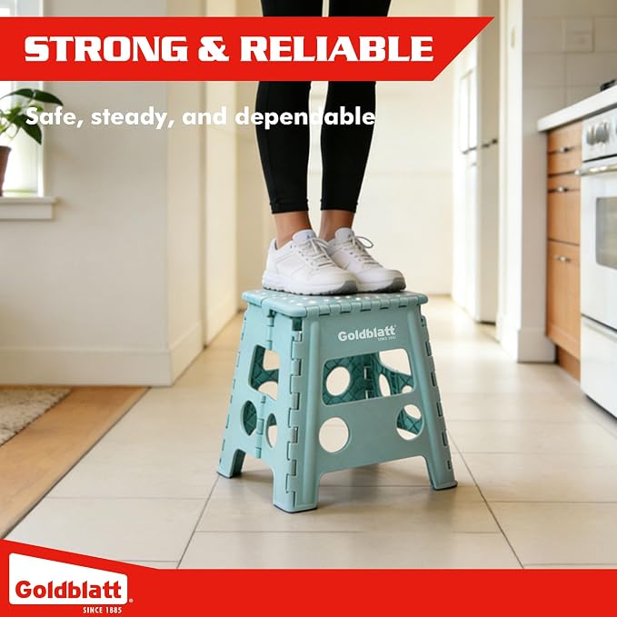 Goldblatt 12.5" Folding Step Stool for Adults and Kids, Lightweight Heavy-Duty Plastic Portable Foldable Stool with Non-Slip Top and Anti-Skid Feet, 300 lbs Capacity, Kitchen & Bathroom, Blue-Green