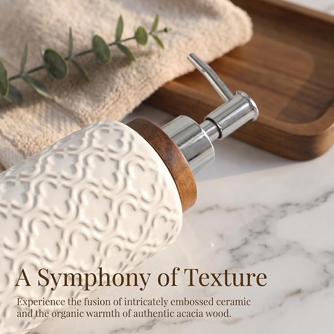 RQYIXI 4 Piece Bathroom Accessories Set, White Ceramic Bath Accessory Set with Wood Accents, Soap Dispenser, Toothbrush Holder, Tumbler and Soap Dish, Elegant Bathroom Countertop Decor
