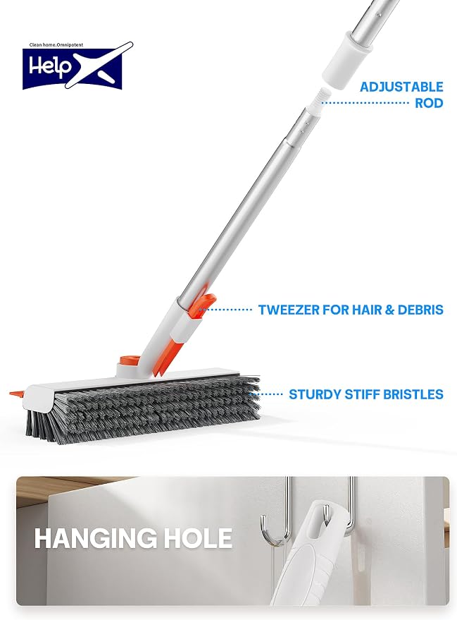 Floor Scrub Brush with Long Handle, 3 in 1 Scrape and Heavy-Duty Stiff Bristle Floor Scrubber Brush with Squeegee and Tweezer for Cleaning Tile Wall Deck (Orange and White)
