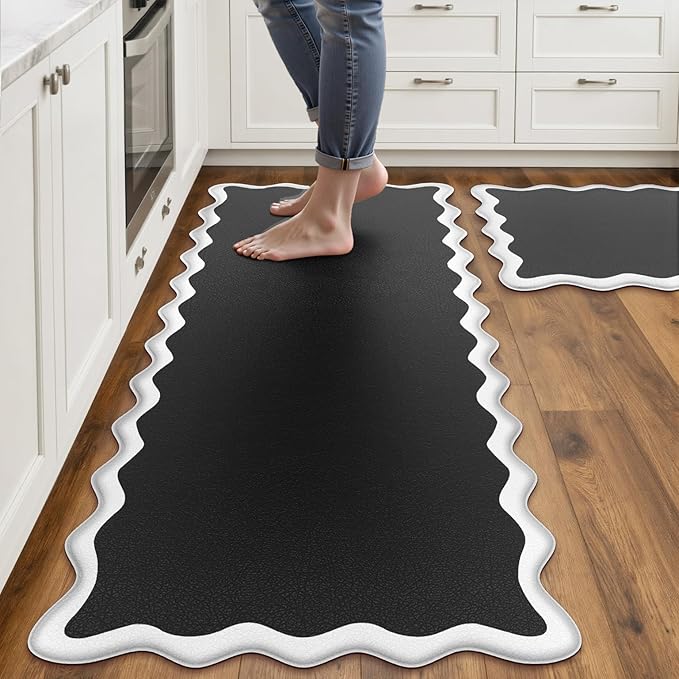 Arenarug Scalloped Black White Kitchen Mats Rugs Sets of 2 Cushioned Anti Fatigue Floor Mat Waterproof Kitchen Rugs Non Slip Foam Comfort Standing Mat for Sink Laundry, 17.3"x30"+17.3"x59"