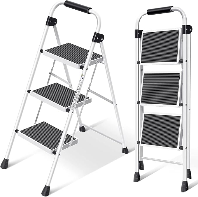 Simpli-Magic 3-Step Ladder, 350 LBS Capacity Folding Step Stool – Anti-Slip Wide Steps & Handgrip – ANSI Certified Lightweight & Durable Aluminum Stepping Stool for Kitchen, Home, Office & Garage