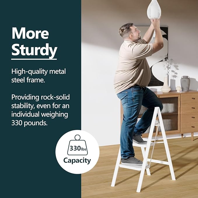 WOA WOA Step Ladder for Home, Foldable Step Stool for Kitchen with Non-Slip Pedals, Sturdy Ladders Supports up to 330 lbs, Compact and Portable - 3 Step/White