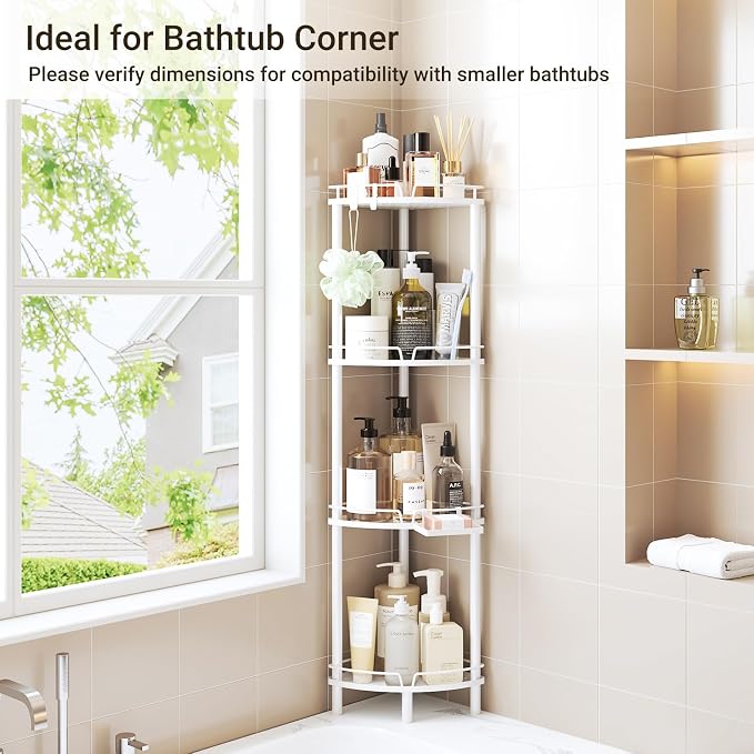 ELYKEN Corner Shower Caddy Standing, 4 Tier Rustproof Metal Shower Organizer with Soap Holder, Floor Shower Corner Shelf Rack Storage Stands with Adjustable Feet & 2 Hooks for Bathroom, White