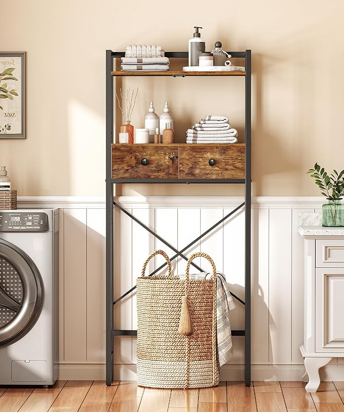 HOOBRO Over The Toilet Storage Rack with 2 Drawers, 3-Tier Bathroom Organizer Shelf Over Toilet, Freestanding Space Saver Bathroom Toilet Shelves Above Toilet for Room, Rustic Brown and Black BF47TS01