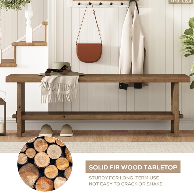 HOKYHOKY Solid Wood Entryway Bench - 54.3" Farmhouse Long Storage Bench, Rustic Narrow Bench Seat for Indoor, Entryway, Dining Room, Living Room and Hallway, Brown