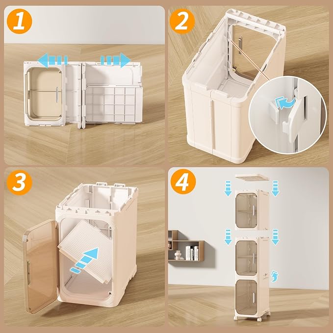 4-Tiers Slim Bathroom Storage Cabinet, Foldable Storage Cabinets,Narrow Bathroom Storage,Movable Bathroom Storage Organizer for Small Spaces,Bathroom,Kitchen,Laundry, Beige
