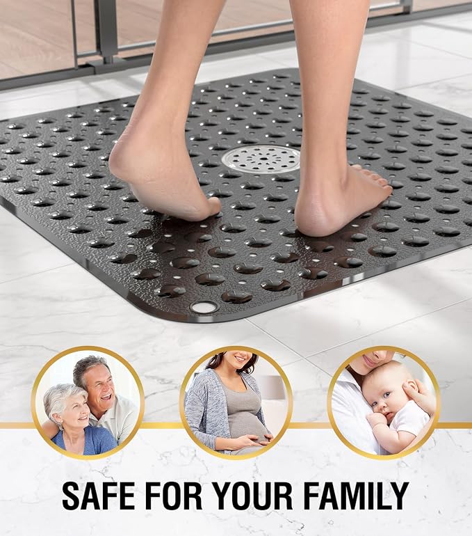 HITSLAM Shower Bathtub Mat Non Slip, 24"x 24" Bath Mat for Tub, Soft PVC Shower Mats for Inside Shower with Suction Cups and Center Drain Hole, Machine Washable Bathroom Floor Mat, Black