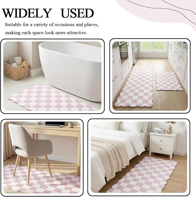 Scalloped Pink Checkered Grid Checkerboard Kitchen Rug Sets [2 PCs], Anti-Fatigue, Waterproof Non-Slip Kitchen Mats Heavy Duty Ergonomic Comfort Foam Rug for Floor, Laundry,17"x29"+17"x47"