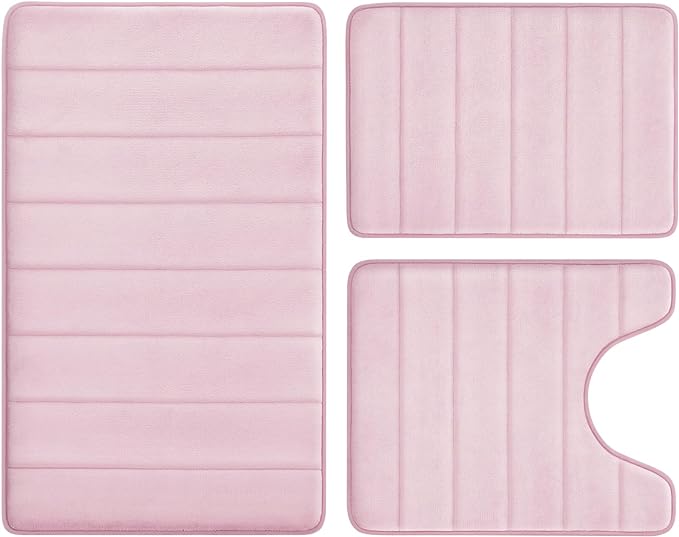 BYSURE Pink Memory Foam Bathroom Rug Set 3 Piece, Non Slip Extra Soft Absorbent Machine Washable Toilet Bath Toilet Mat (17"x24"+20"x32"+U Shape 20"x24")