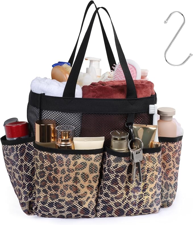 F-color Mesh Shower Caddy Portable - Shower Bag for College Dorm, Leopard | Quick Dry, with S Hook, College Dorm Room Essentials for Camp, Gym, Travel, Freshmen, Camping, Bathroom, Shower Tote