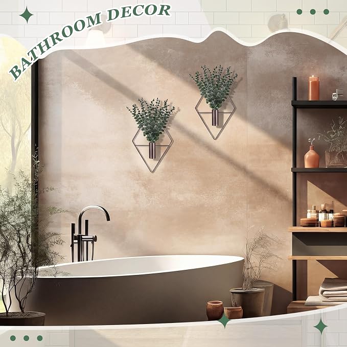 Jexine 8 Pcs Hanging Planters with Artificial Eucalyptus Metal Hanging Vase Indoor Plants Holder Modern Geometric Boho Bathroom Wall Decor for Living Room Home Office, Bronze