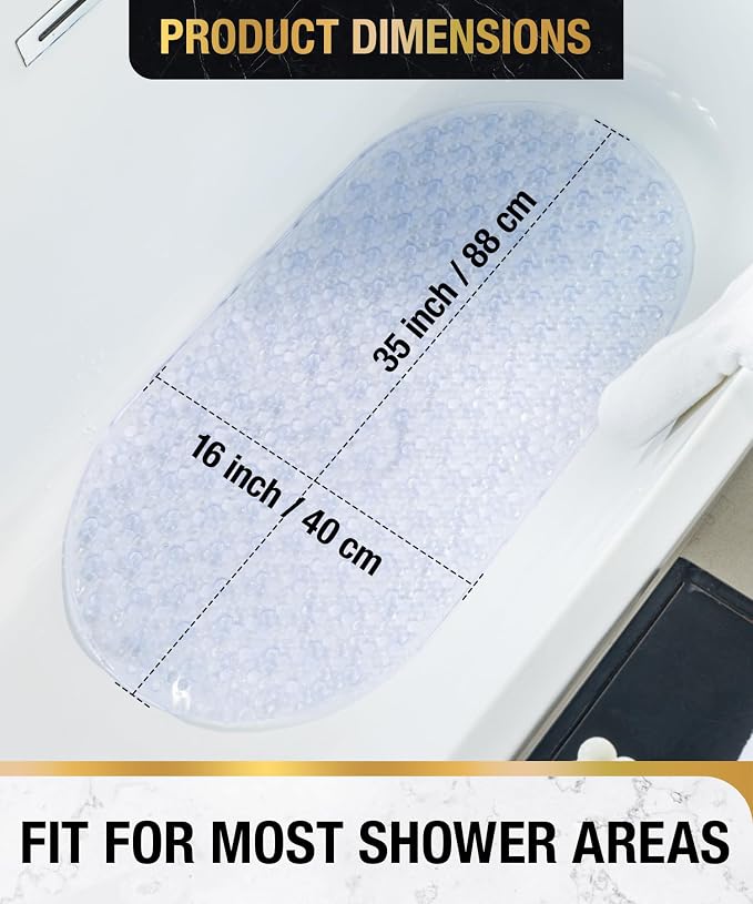 HITSLAM Bathtub Mat Non Slip, 35x16 Inch Bubble Oval Bath Tub Mat for Bathroom, Machine Washable Shower Mat with Suction Cups and Drain Holes, Clear