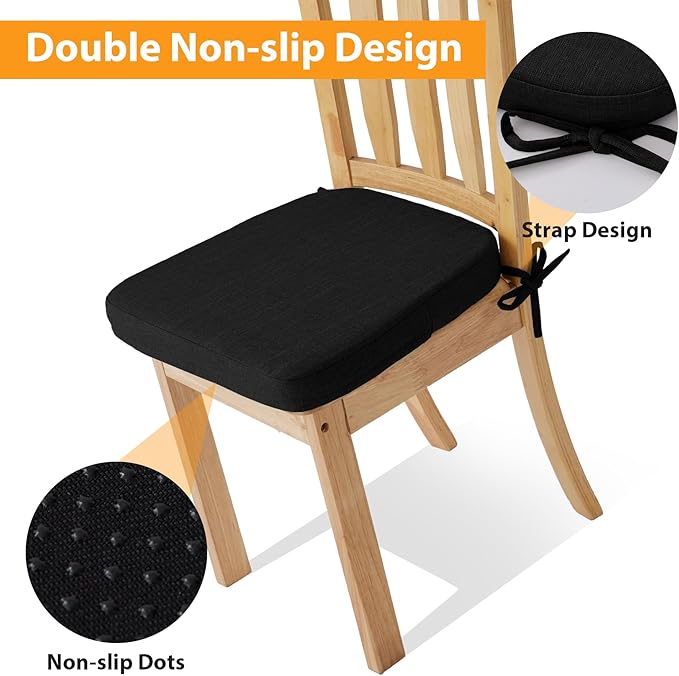 RUQMUISChair Cushions for Dining Chairs, 2" Thick Seat Cushions for Kitchen Chairs, D-Shaped Chair Pads with Washable Cover, Ties and Non Slip Backing, 17'' x 16'', Set of 2, Black