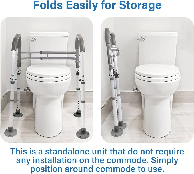 Vaunn Medical Adjustable Toilet Safety Rail for Seniors, Foldable Toilet Safety Frame for Elderly Adults, Bathroom Grab Bar Handle, Toilet Handle for Elderly & Disabled, Free-Standing (Gray)