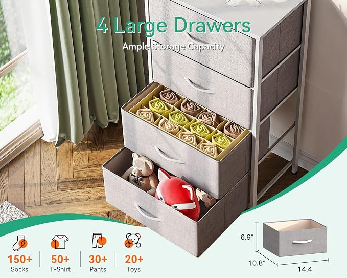 AODK Dresser for Bedroom with 4 Storage Drawers, Small Dressers Chest of Drawers Fabric Dresser with Sturdy Steel Frame, Dressers for Closet with Wood Top, Light Grey