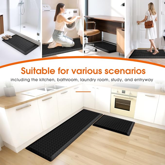 TranquilRelax 4/5 Inch Thick Anti-Fatigue Kitchen Mats 2Pcs, Cushioned Non-Slip Waterproof Sink & Stove Floor Mats, Comfortable Standing Rug Set for Kitchen, Laundry & Entryway Black