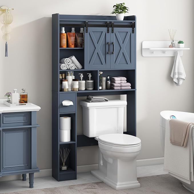 Vabches Over The Toilet Storage Cabinet, Farmhouse Storage Cabinet Over Toilet with Sliding Doors，Home Space-Saving Toilet Rack, for Bathroom, Restroom, Laundry