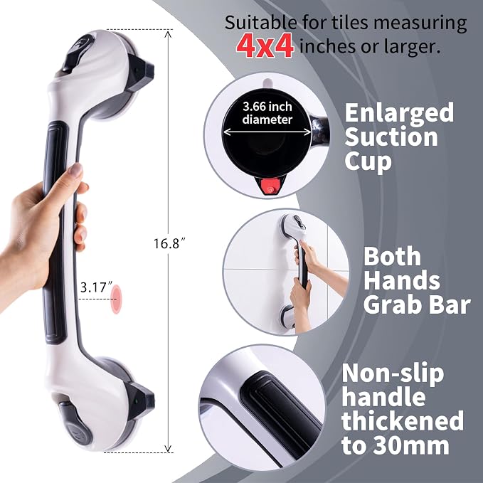 Shower Grab Bars for Seniors 2 Pack,16.8" Suction Shower Handle with Safety Indicator, No-Drill Bathroom Safety Rails for Elderly, Bathtub & Tile/Glass (Black)