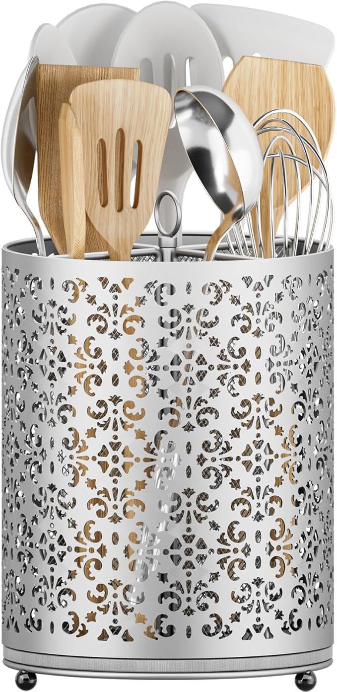 YIUKEA Extra Large Utensil Holder - 360° Rotating Cooking Utensils Caddy Countertop Organizer with Instant-Dry and Removable Base for Kitchen Tools