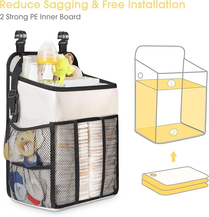 Maliton Hanging Diaper Organizer - Caddy for Changing Table, Crib, Pack n' Play - Stacker Holds 52+ Diapers - Nursery Organizer & Baby Shower Gifts - Beige