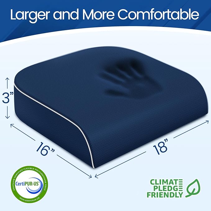 SweetSlubr Seat Cushion for Tailbone Pain Relief, Office Chair Cushion, Memory Foam Large Chair Cushion with Non-Slip Cover for Soft Support at Office Chair, Car Seat, Airplane Dark Blue/Large
