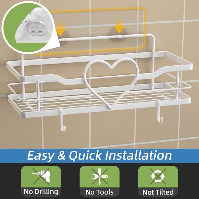 White Shower Caddy with 4 Removable Hooks, 2 Pack Sweet Heart Shower Shelves,No Drilling Adhesive Organizer Shelf for Bathroom Shower,Kitchen,Bedroom