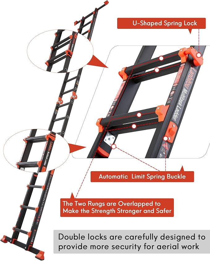 LANBITOU Ladder, A Frame 5 Step Ladder Extension, 17 Ft Anti-Slip Multi Position Ladder, Storage Folding Ladder, 330 lbs Security Load Telescoping Aluminum Ladders for Stairs Home Indoor Outdoor Roof