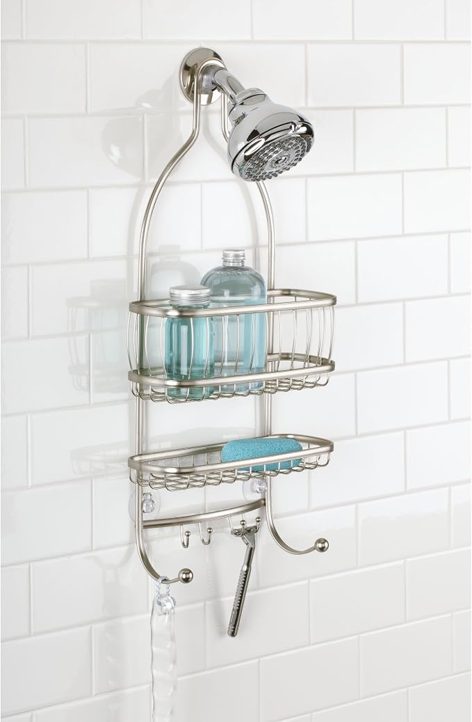 iDesign York Metal Wire Hanging Shower Caddy, Extra Wide Space for Shampoo, Conditioner, and Soap with Hooks for Razors, Towels, and More, 9.75" x 4" x 22", Satin Silver