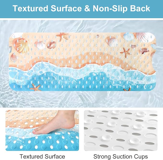 Shower Mat Non Slip, Yonala Premium Anti Slip Stylish Bath Tub Mat, 40 x 16 Inch Extra Large Bathtub Mat with Suction Cups and Drain Holes, Machine Washable