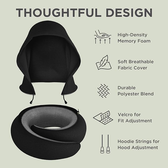 Dot&Dot Travel Pillow Neck Pillow with Hood for Airplane Sleeping, Memory Foam Pillow with Chin Support, Detachable Hoodie, Washable Cover, Adjustable Velcro Fit for Flights, Car & Office
