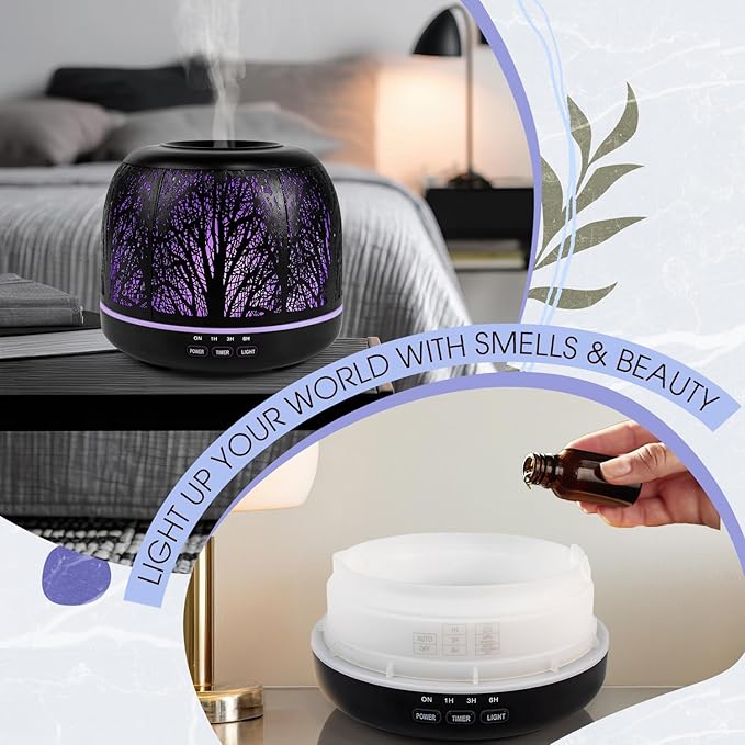 ARVIDSSON 500ml Essential Oil Diffuser, Metal Diffusers for Essential Oils, Aromatherapy Diffuser for Large Room, Color Mood Light & Mist Timer Setting, Gift for Women - Black Tree