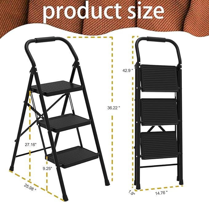 Step Stool for Adults,3 Step Ladder Folding 330lbs Anti Slip Step Stool,Foldable Ergonomic 3 Step Stool with Wide Pedal for Home, Kitchen, Office (Black)