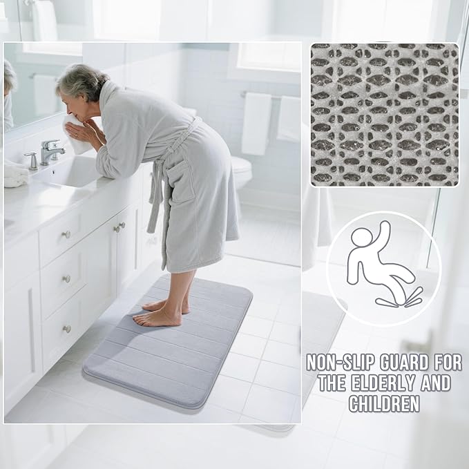 Yimobra 3 Pieces Memory Foam Bath Mat Set with U-Shaped Toilet Rug - Non Slip Super Soft Absorbent Quick Dry Bathroom Rugs for Bathtub, Vanity & Toilet Base, Silver