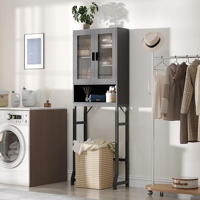 USHOWER Over The Toilet Storage Cabinet, Bathroom Organizers and Storage with Tempered Glass Doors, Thicken Metal Stand & MDF Wood Above Toilet Storage Cabinet, Freestanding Space Saver, Black