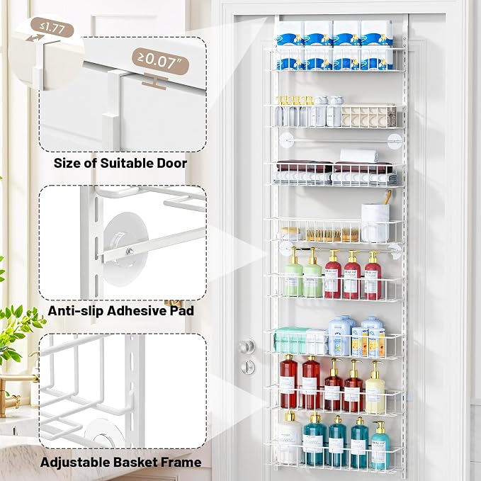 ElegantArray 8-Tier Pantry Door Oragnizer, Over The Door Pantry Organizer Rack and Storage, Hanging Spice Rack Shelves Door, Home Office Laundry Room Bathroom & Kitchen Organization, White