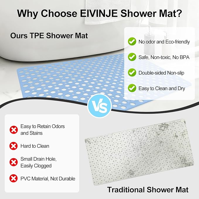Anti Slip Shower Mat with Suction Cups,27x27 Inch Quick Drain TPE Non Slip Shower Mats for Inside Shower,Large Bath Mat for Shower Soft on Feet, Easy to Dry&Cut Machine Washable