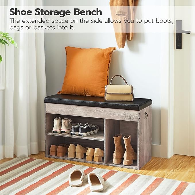 HOOBRO Shoe Storage Bench with Cushion, 32.3'' Entryway Bench with Lift Top Hidden Storage and Adjustable Shelves, Wooden Shoe Rack Bench for Entryway Bedroom, Rustic Brown and Black BG40HX01