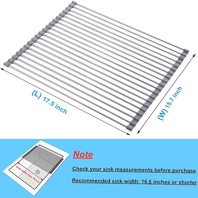 Seropy Roll Up Dish Drying Rack Over The Sink for RV Sink 17.5x15.7 in Kitchen Drying Rack Folding Dish Drainer Mat Rolling Dish Rack Foldable Rack Stainless Steel Wide Kitchen Dry Rack