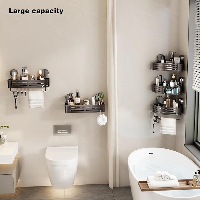 VOLPONE Shower Caddy Suction Shower Shelf No Drilling Shower Organizer Suction Cup Shower Storage Rack Aluminum Wall Mounted Shampoo Holder with Towel Bar Hooks (2-Pack, Matte Gray)