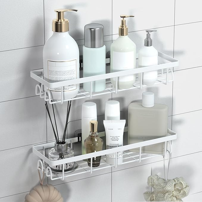 Shower Caddy Organizer with Hooks,Self Adhesive Bathroom Shelves,No Drilling Bathroom Organizers and Storage,Perfect for RV, Apartment, Home Decor,2 Pack White