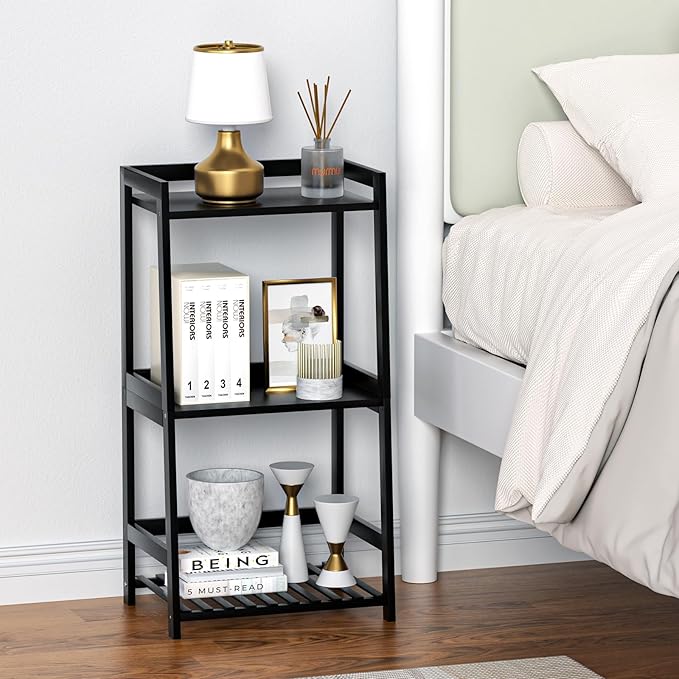 POXAKA 3 Tier Bamboo Bathroom Shelves, Ladder Shelf for Storage, Rustic Home Organizer, Space-Saving Design, Stylish Display Nightstand, Stylish Storage Solution for Home, Living Room, Kitchen