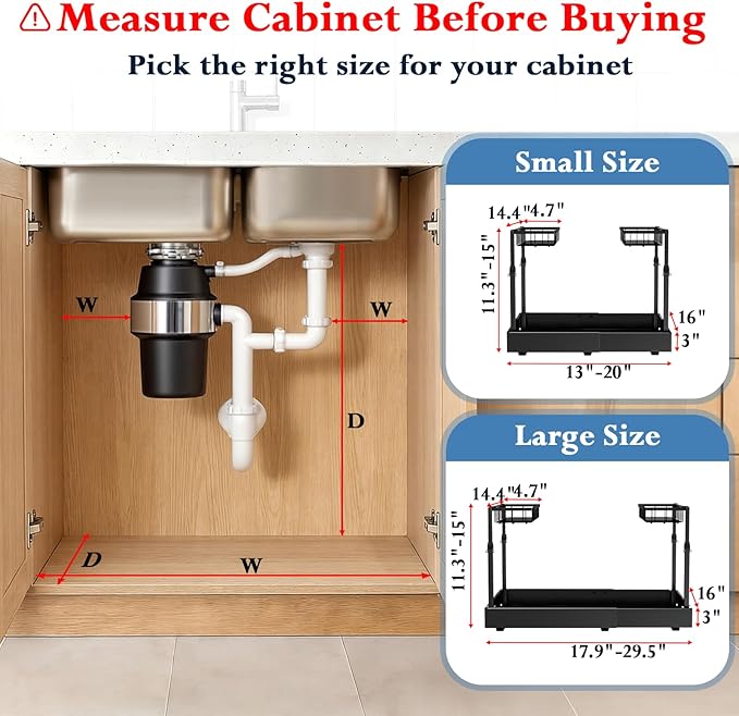 Aisslro Under Sink Organizer, 2 Tier Under the Sink Storage, Expandable Adjustable Slide Out Pull Out Under Cabinet Organizers Shelf, for Kitchen Bathroom Pantry Closet Organization, Black