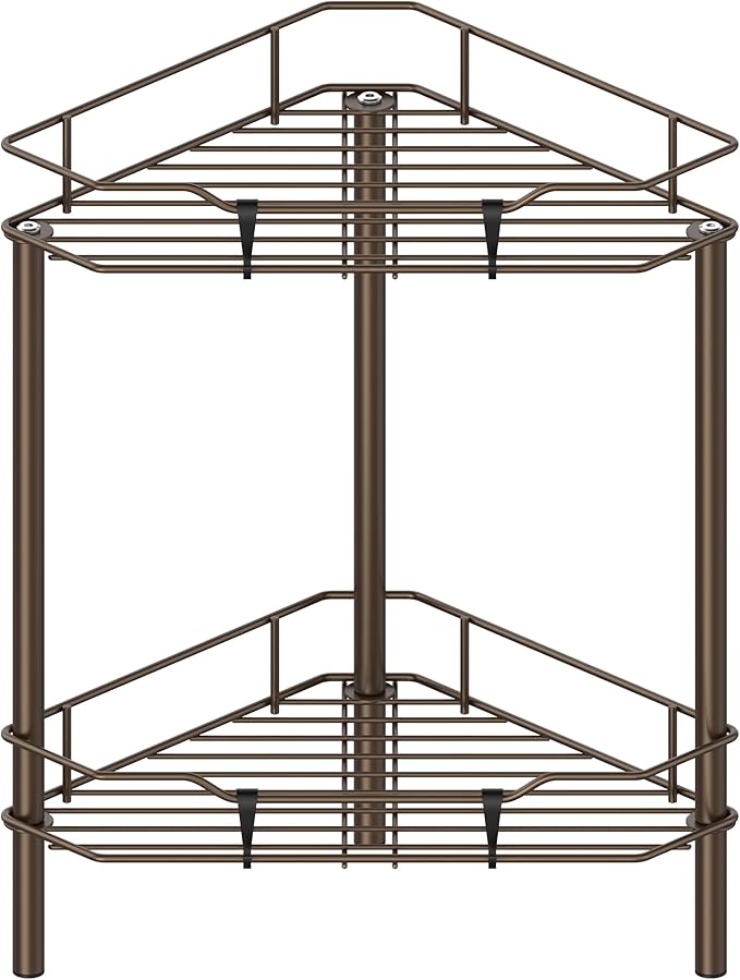HuggieGems 2 Tier Floor Standing Corner Shower Caddy Organizer Shelf with Hooks, Bathroom Shelves Stand Rack, Bronze